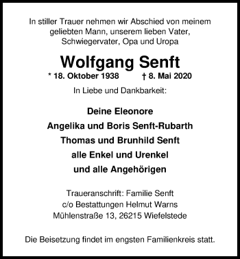 Traueranzeige von Wolfgang Senft von Nordwest-Zeitung