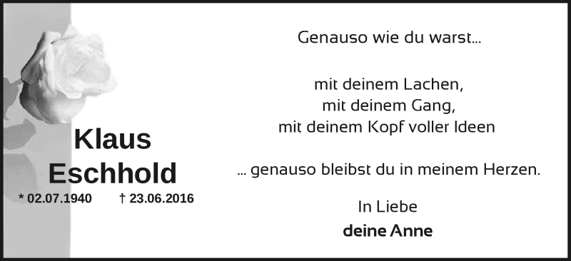  Traueranzeige für Klaus Eschhold vom 23.06.2020 aus Nordwest-Zeitung