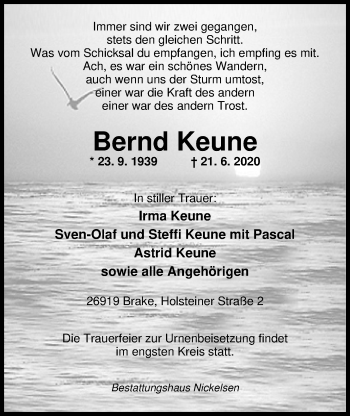 Traueranzeige von Bernd Keune von Nordwest-Zeitung