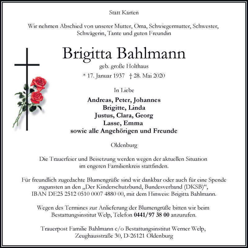  Traueranzeige für Brigitta Bahlmann vom 03.06.2020 aus Nordwest-Zeitung