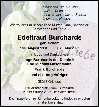 Traueranzeige von Edeltraut Burchards von Nordwest-Zeitung