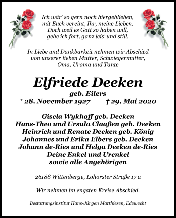 Traueranzeige von Elfriede Deeken von Nordwest-Zeitung