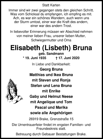 Traueranzeige von Elisabeth Bruna von Nordwest-Zeitung