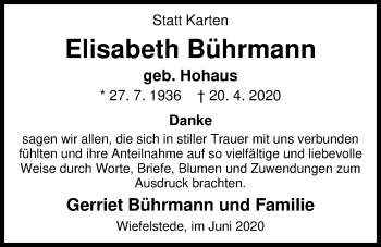 Traueranzeige von Elisabeth Bührmann von Nordwest-Zeitung