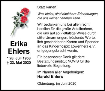 Traueranzeige von Erika Ehlers von Nordwest-Zeitung