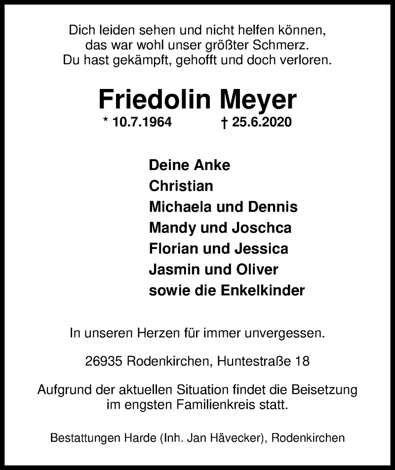  Traueranzeige für Fridolin Meyer vom 29.06.2020 aus Nordwest-Zeitung