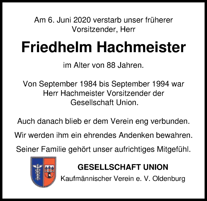  Traueranzeige für Friedhelm Hachmeister vom 13.06.2020 aus Nordwest-Zeitung