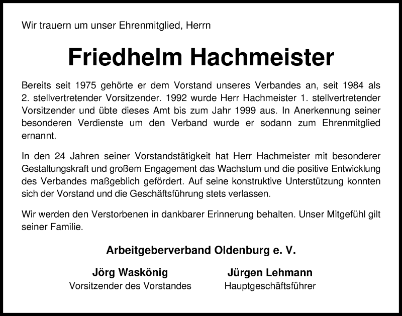 Traueranzeige für Friedhelm Hachmeister vom 13.06.2020 aus Nordwest-Zeitung