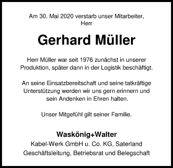 Traueranzeige von Gerhard Müller von Nordwest-Zeitung