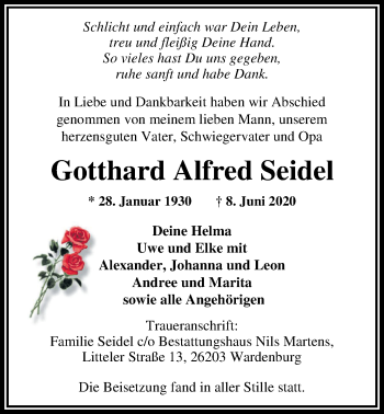 Traueranzeige von Gotthard Alfred Seidel von Nordwest-Zeitung