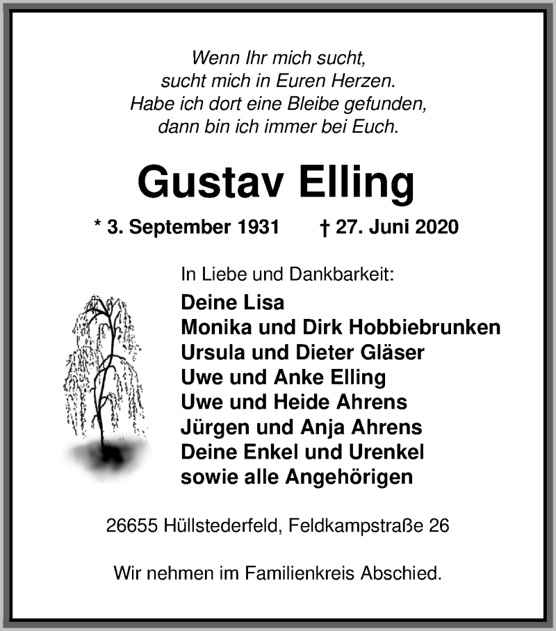  Traueranzeige für Gustav Elling vom 30.06.2020 aus Nordwest-Zeitung