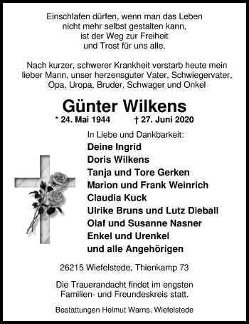 Traueranzeige von Günter Wilkens von Nordwest-Zeitung