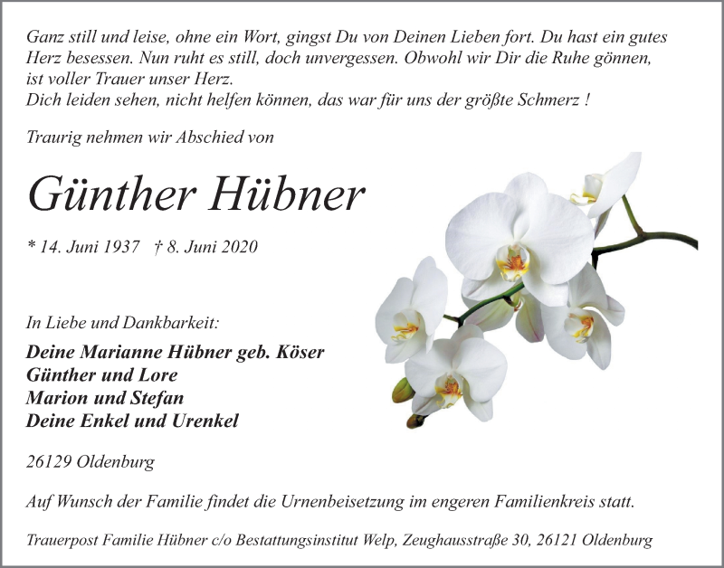  Traueranzeige für Günther Hübner vom 13.06.2020 aus Nordwest-Zeitung