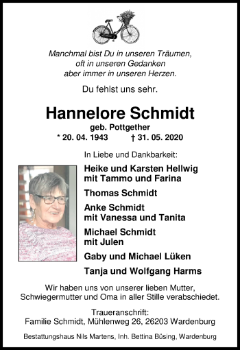 Traueranzeige von Hannelore Schmidt von Nordwest-Zeitung