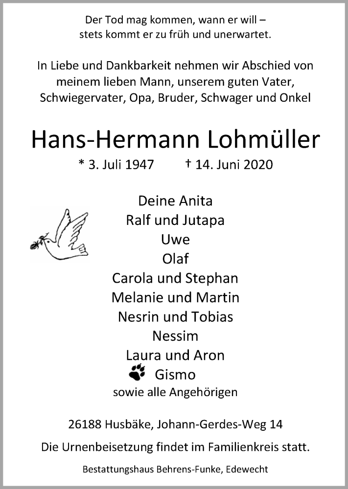  Traueranzeige für Hans-Hermann Lohmüller vom 19.06.2020 aus Nordwest-Zeitung