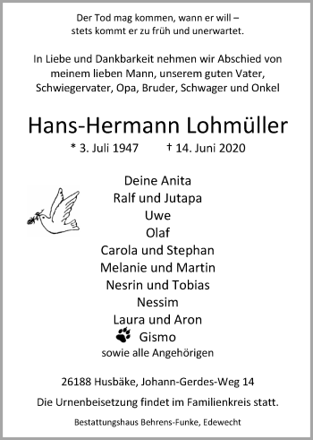 Traueranzeige von Hans-Hermann Lohmüller von Nordwest-Zeitung