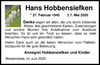 Traueranzeige von Hans Hobbensiefken von Nordwest-Zeitung