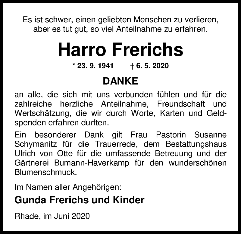  Traueranzeige für Harro Frerichs vom 19.06.2020 aus Nordwest-Zeitung