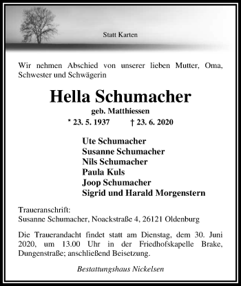Traueranzeige von Hella Schumacher von Nordwest-Zeitung