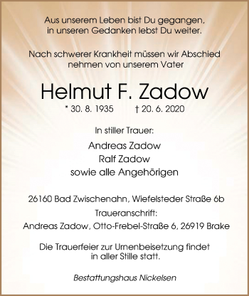 Traueranzeige von Helmut F. Zadow von Nordwest-Zeitung