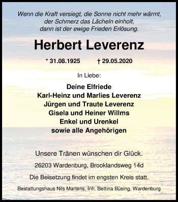 Traueranzeige von Herbert Leverenz von Nordwest-Zeitung