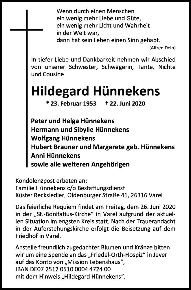  Traueranzeige für Hildegard Hünnekens vom 24.06.2020 aus Nordwest-Zeitung