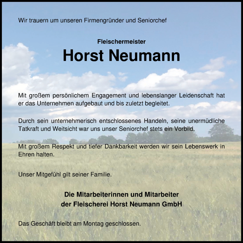  Traueranzeige für Horst Neumann vom 16.06.2020 aus Nordwest-Zeitung