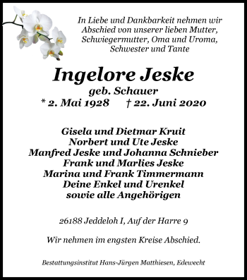 Traueranzeige von Ingelore Jeske von Nordwest-Zeitung