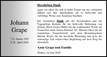 Traueranzeige von Johann Grape von Nordwest-Zeitung