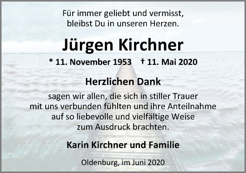  Traueranzeige für Jürgen Kirchner vom 27.06.2020 aus Nordwest-Zeitung