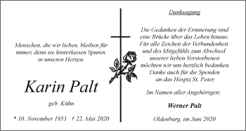 Traueranzeige von Karin Palt von Nordwest-Zeitung
