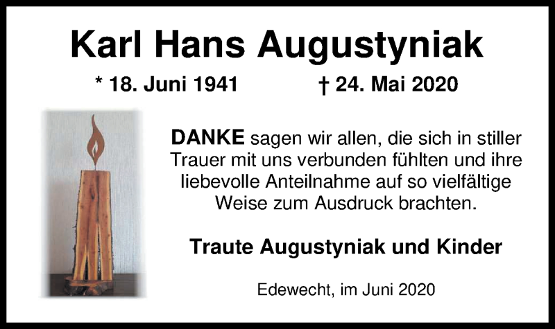  Traueranzeige für Karl Hans Augustyniak vom 26.06.2020 aus Nordwest-Zeitung