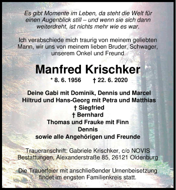 Traueranzeige von Manfred Krischker von Nordwest-Zeitung