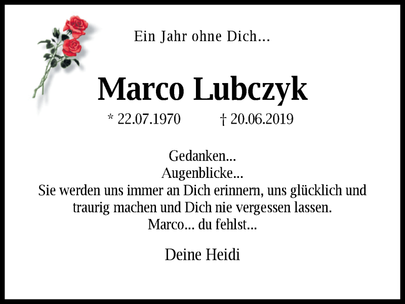  Traueranzeige für Marco Lubczyk vom 20.06.2020 aus Nordwest-Zeitung