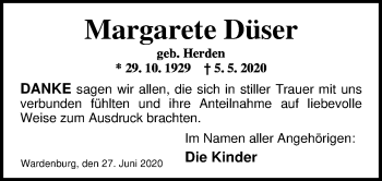 Traueranzeige von Margarete Düser von Nordwest-Zeitung