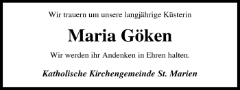 Traueranzeige von Maria Göken von Nordwest-Zeitung