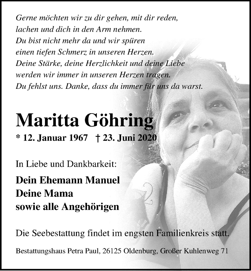  Traueranzeige für Maritta Göhring vom 27.06.2020 aus Nordwest-Zeitung