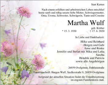 Traueranzeige von Martha Wulf von Nordwest-Zeitung