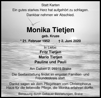 Traueranzeige von Monika Tietjen von Nordwest-Zeitung