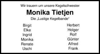 Traueranzeige von Monika Tietjen von Nordwest-Zeitung
