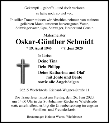 Traueranzeige von Oskar-Günther Schmidt von Nordwest-Zeitung