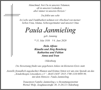 Traueranzeige von Paula Janmieling von Nordwest-Zeitung