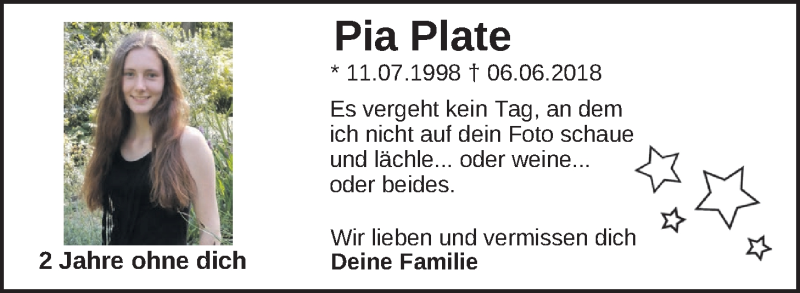  Traueranzeige für Pia Plate vom 06.06.2020 aus Nordwest-Zeitung