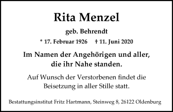 Traueranzeige von Rita Menzel von Nordwest-Zeitung