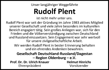 Traueranzeige von Rudolf Plent von Nordwest-Zeitung