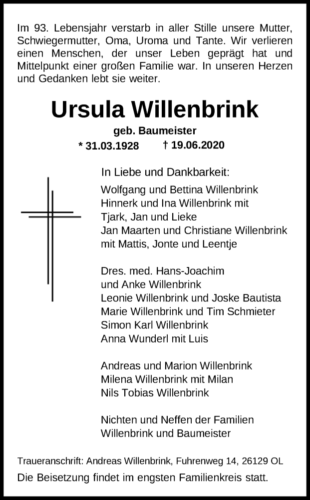  Traueranzeige für Ursula Willenbrink vom 27.06.2020 aus Nordwest-Zeitung