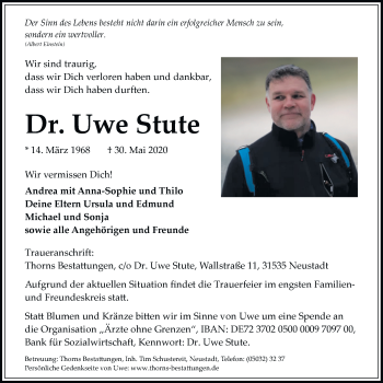 Traueranzeige von Uwe Stute von Nordwest-Zeitung