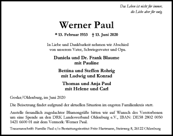 Traueranzeige von Werner Paul von Nordwest-Zeitung