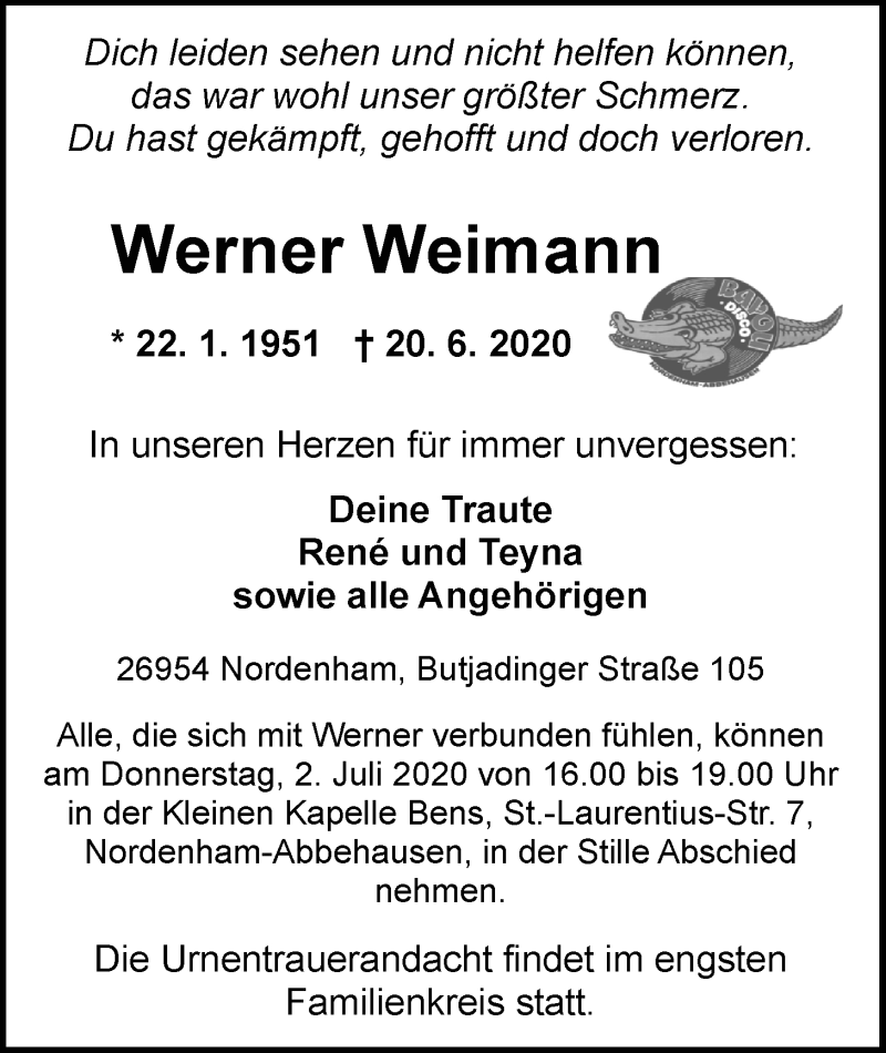  Traueranzeige für Werner Weimann vom 24.06.2020 aus Nordwest-Zeitung