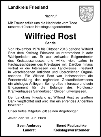 Traueranzeige von Wilfried Rost von Nordwest-Zeitung